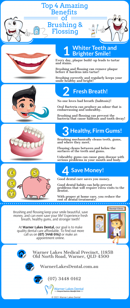 top 4 amazing benefits of brushing and flossing from warner lakes dental infographic
